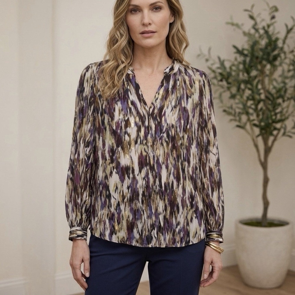 CHICO'S Size-1.5 Womens Shirt Top Boho Ikat Crinkle Gold Metallic